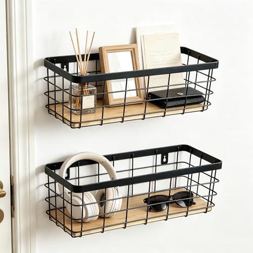 ShabbyDecor Metal Wire Basket Detachable Wood Base Storage Organizer Farmhouse Hanging Basket for Kitchen Cabinets, Bathroom, Pantry, Laundry Room Set of 2,Black Color - color: Black, size: Medium&Large