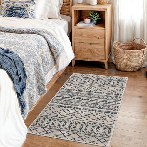 KUTA Moroccan Rugs for Entryway, 2x3 Light Brown Black Entrance Small Area Rug Non-Slip Washable, Ultra Soft Vintage Geometric Low-Pile Indoor Door Mat Floor Carpet for Kitchen - color: Light Brown/Black, size: 2' x 3' (Rectangular)