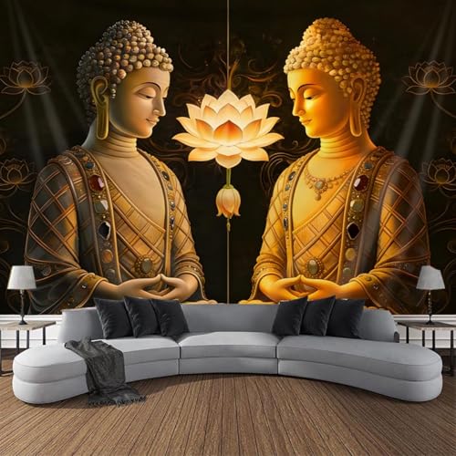 FENDROM Vintage Sitting Buddha Tapestry Buddha's Light Wall Hanging Buddhist Statue Tapestries Lotus Meditation Wall Decor Psychedelic Indian Zen Art for Bedroom Living Room Home Decor - color: Golden, size: 59"L x 51"W