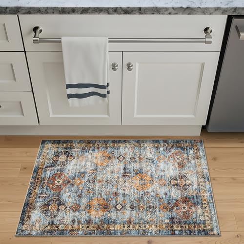 Bloom Rugs Washable Non-Slip 2' x 3' Rug - Blue/Orange Traditional Bordered Area Rug for Living Room, Bedroom, Dining Room, and Kitchen - Exact Size: 2' x 3' - color: Blue / Orange, size: 2' x 3' (Rectangular)