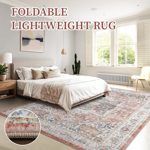 Area Rug for Living Room - Mechine Washable Non-Slip Vintage Rugs for Bedroom - Low Pile Thin Large Floor Carpet for Dinning Room Home Office (Vintage Blush, 9'x12') - color: Vintage Blush, size: 9' x 12' (Rectangular)