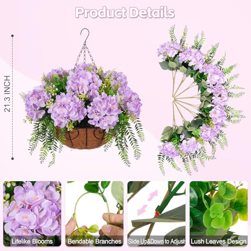 Ammyoo Artificial Flowers in Hanging Basket Planter for Home Spring Summer Decoration, Silk Hydrangea Outdoor Indoor Arrangements, 12" Metal Coconut Lining Basket with Faux Plant(Light Purple) - color: Z-light Purple With Basket