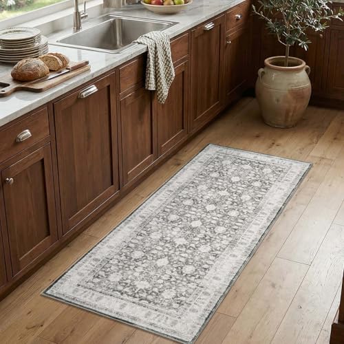 jinchan 2x5 Washable Vintage Runner Rug, Distressed Traditional Floral Hallway Runner, Soft Low-Pile Non-Slip Floor Mat for High-Traffic Kitchen Entryway Laundry Room Bathroom Vanity, Grey - color: Oriental Grey, size: 2' x 5' (Runner)