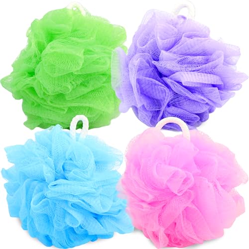 Premium Loofah Bath Sponge 4 Pack – Full-Size 60g (5.5 Inch) Colorful Mesh Shower Poufs, Soft & Gentle Body Scrubbers for Women, Men & Kids with Cotton Rope (Flower Garden) - color: Flower Garden