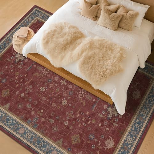 Hazo Haus Oriental 8x10 Large Area Rugs for Living Room - Burgundy Rug for Bedroom Under Bed, Dining Room Under Kitchen Table, Washable Soft Non Slip Unique Indoor Décor - color: Burgundy, size: 8' x 10' (Rectangular)