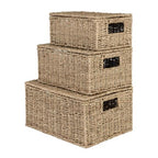 Wicker Storage Baskets with Lid, Hand-Woven Rectangular Wicker Basket with Lid for Bedroom & Living Room, Nesting Rattan Basket with Lid for Shelves (Seagrass, Set of 3）