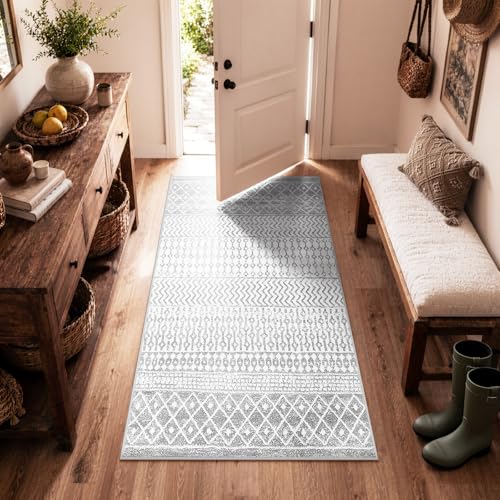 Boho Rug for Bedroom, 3x5 Ivory Gray Moroccan Vintage Non-Slip Backing Area Rug, Machine Washable Low-Pile Front Door Mat Kitchen Rugs for Living Room Laundry Dinning Room - color: Ivory / Gray, size: 3' x 5' (Rectangular)