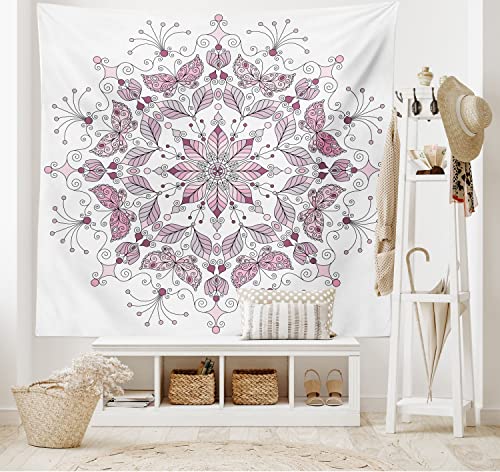 Ambesonne Mandala Tapestry, Lacy Inspired Pastel Floral Motif with Butterfly and Lotus Branches Design, Wide Wall Hanging for Bedroom Living Room Dorm, 60" X 40", White Pale Pink - color: Pink White, size: 60"L x 40"W