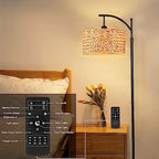 QIYIZM Floor Lamp for Living Room Bedroom Farmhouse Arc Rattan Boho Standing Lamp with Remote Dimmable Black Wicker Bamboo Lamp Shade Floor Light Adjustable Tall Lamp Industrial Floor Lamps Bohemian - size: 1-Floor Lamp