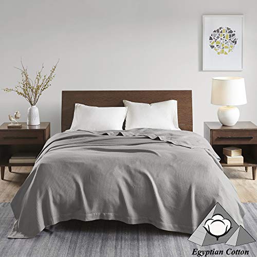 Madison Park 100% Egyptian Cotton Lightweight Summer Blanket, Breathable Waffle Knit Design, Soft Cozy All-Season Throw for Bed, Couch or Sofa, Grey Full/Queen Size (90"x90") - color: Grey, size: Full/Queen