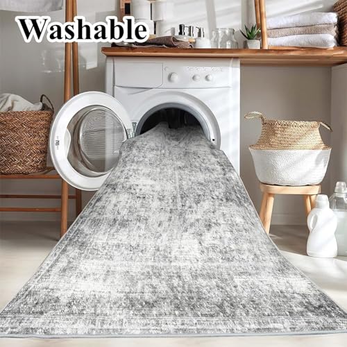 CHAMPLANT 5x7 Washable Area Rug Gray Vintage Traditional Floor Cover Foldable Thin Kitchen Accent Indoor Distressed Non Slip Carpet Floral Print Mat Bedroom Living Room Bathroom - color: Grey, size: 5' x 7' (Rectangular)