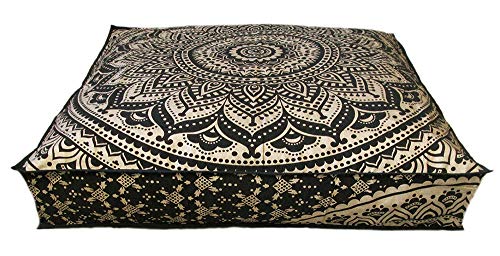 CRAFT KALA Mandala Floor Pillow Cushion Cover Seating Throw Cover Hippie Decorative Bohemian Ottoman Poufs Pom Pillow Cases Boho Indian Cotton Living Room Yoga Home Décor 24" Square, Black Gold Ombre - color: Black Gold Ombre, size: 24" x 24" (Pack of 1)
