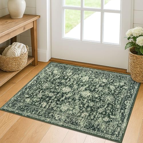 KILOCOCO Moroccan Small Area Rug 2x3 Entryway Rugs Printed Vintage Floral Washable Rug Non-Slip Kitchen Rug Indoor Door Mat, Accent Throw Small Rugs for Laundry Room Bedroom Entrance, Green - color: Dark Green/White, size: 2' x 3' (Rectangular)