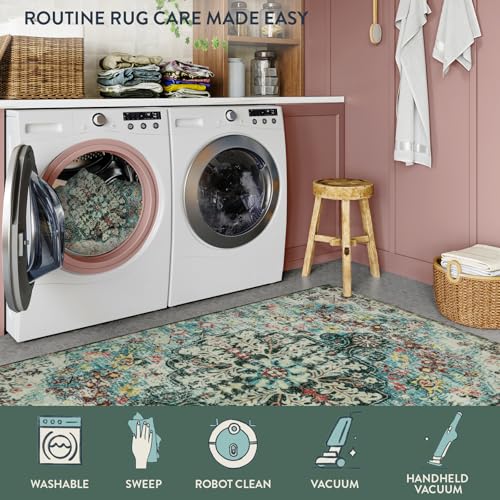 Lahome Boho Bohemian Area Rug - 2x3 Small Washable Bathroom Entryway Kitchen Rug,Floral Medallion Non Slip Pet Friendly Vintage Throw Carpet for Indoor Front Door Sink Living Room Bedroom,Teal - color: Teal, size: 2' x 3' (Rectangular)