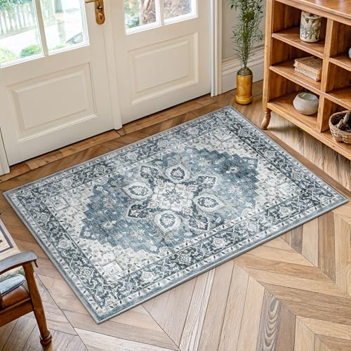 AMADA HOMEFURNISHING 2x4 Washable Area Rug, Low-Profile Entryway Rug with Non-Slip Backing & Durable Edge Binding, Vintage Rug Pattern, Small Rugs for Entryway, Kitchen & Living Room - color: Blue, size: 2' x 4' (Runner)