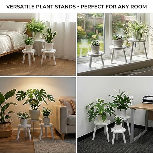 Amdermi 3-Pack Wood Plant Stands Indoor, Single Plant Stand for 6-12 Inch Pots, Mid-Century Modern Plant Stool, Tall Plant Stand for Large Plants for Living Room, Balcony, Office (White) - color: White