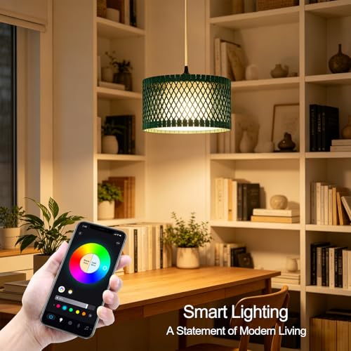 ZSLAIFU Hanging Lamp Plug in Pendant Light, 15FT Hanging Lights with Plug in Cord, Hanging Light with Bulb and Remote, Wood Shade Hanging Lamps for Bedroom, Living Room, Kitchen, Farmhouse(Green) - color: Green Wood - White Shade