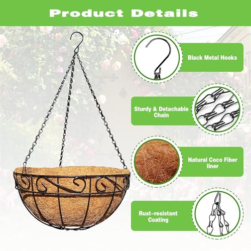 2 Pack 12 Inch Black Metal Hanging Basket Hanging Planter with Coco Coir Liner Heavy Duty Hanging Flower Pot Holder for Indoor Outdoor Patio Garden Porch Balcony Decor (Lace) - color: Lace