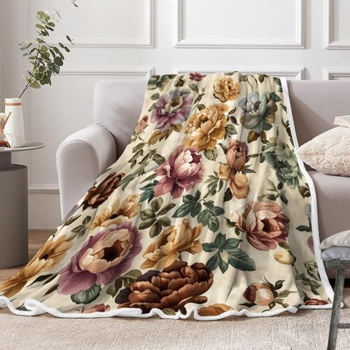 Boho Floral Blankets Vintage Floral Fleece Blanket | Soft, Flannel, Warm, Red Flower Plants Bed Throws Botanical Flowers Bed Throws for Sofa Bedroom Living Room 50X70 Inch - color: Red, size: 50 X 70