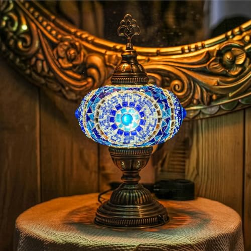 Turkish Lamp, Mosaic Table Lamp, Antique Moroccan Decorative Glass Bohemian Vintage Lamp Shade, Small Desk Tiffany Bedside Stained Glass Lamp with US Plug and E12 Socket - color: Blue-2