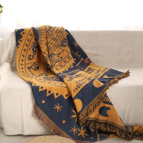 LumiSyne Cotton Woven Throw Blanket With Tassel Double-Sided Jacquard Bohemian Geometric Pattern Vintage Ethnic Style Decorative Throws For Sofa Bed Armchair Camping Blanket Tapestry Tablecloth Carpet - color: Yellow Blue Constellation, size: 90×150cm