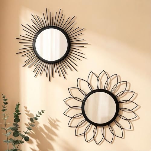Gold Mirrors for Wall - Metal Sunburst Wall Mirror Room Decor & Home Decor, Boho Mirror Wall Decor Gifts for Women & Moms (Flower-Black, Small) - color: Flower-black, size: 12"L x 2"W