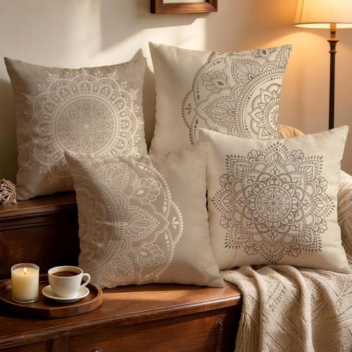 OBSEDE Taupe Boho Mandala Decorative Throw Pillow Covers 18x18 Set of 4 Faux Linen Cushion Cases Single-Sided Print Earth Tone Accent Pillows for Living Room Couch - color: Taupe Boho Mandala