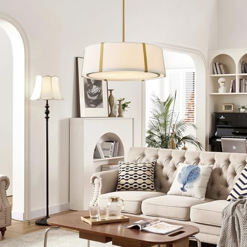 Shrine Lighting Drum Chandeliers, Modern Style, Drum Pendant Light for Living Space, D18'' x H6'', Adjustable Chains 39.4'', E12*4 Sockets, White Lampshade & Brass Finish - color: Brass D18''