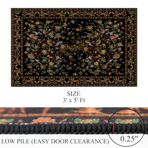 Black Area Rug 3x5 Washable, Non-Slip Small Rug Carpet, Floral Boho Low Pile Soft Throw Rugs for Entryway, Bedroom, Kids Room, Dorm, Office, Nursery, Vintage Home Decor - color: Black, size: 5' x 3' (Rectangular)