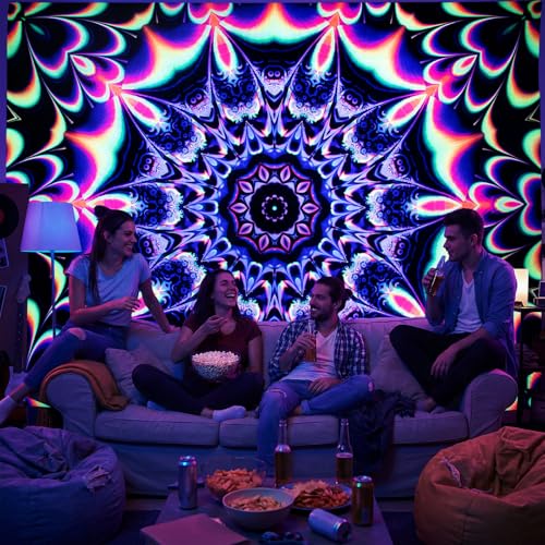 PRRPRR Blacklight Mandala Tapestry for Bedroom, UV Reactive Trippy Wal Tapestries, Bohemian Aesthetic Wall Art Decor for Adults Teens and Hippies (90 x 70 Inches) - color: Mandala Tapestry Red, size: 51"L x 59"W