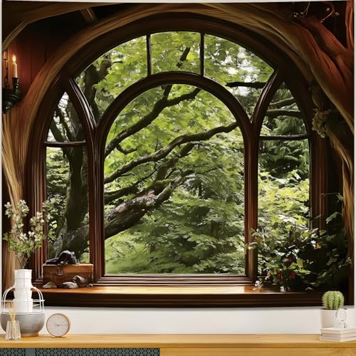Apdidl Forest Window Tapestry for Bedroom, Nature Green Tree Medieval Large Wall Mural Tapestries Aesthetic, Vintage Outdoor Landscape Backdrop Wall Hanging for Living Room Curtain Decor (51" X 60") - color: B-Window Forest Tapestry, size: 60"L x 51"W