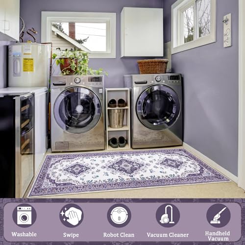 HOMORE Vintage Runner Rug-2x6 Hallway Runner Rug for Entryway Non Slip Washable Bedroom Rug Faux Wool Lavender Floor Carpet Runner for Kitchen Indoor Front Entrance Laundry Living Room Dorm, Purple - color: Purple, size: 2' x 6' (Rectangular)