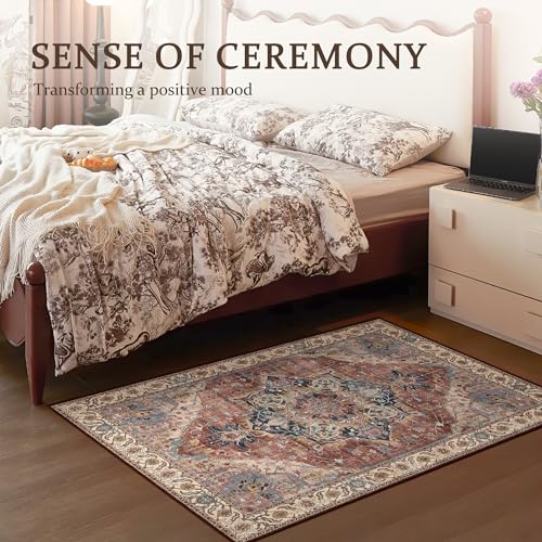 Deerly Area Rug 3x5 Small Entryway Rug Boho Thin Area Rugs for Living Room Non-Slip Lightweight Washable Rug for Kitchen Entryway Bedroom Dining Room Office, Brickred/Multi - color: Brickred & Multi, size: 3' x 5' (Rectangular)