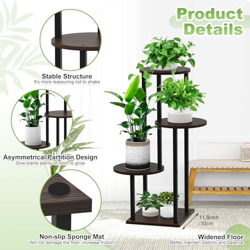 4 Tier Wood Tall Plant Stand Metal Rack Indoor, Multiple Flower Pot Holder Shelves Corner Rack, Round Planter Shelf Display Rack Storage Organizer for Patio Living Room Balcony(Black+Oak) - color: Black+Oak, size: 4 Tier