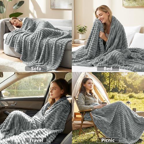 HIMEET Fleece Grey Throw XL Blanket for Couch - 300GSM Ribbed Soft Cozy Outdoor Blankets for Travel Camping Nap, Birthday Gifts for Women Men Her, Long Sofa Room Decor Office Throws, 50x70 Inches - color: Grey, size: Throw XL (50" x 70")