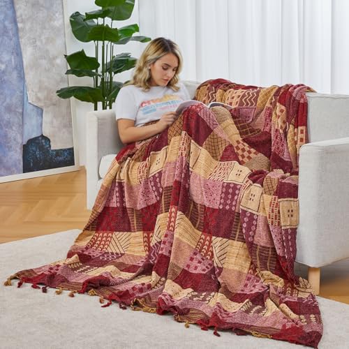 amorus Boho Sofa Cover, Chenille Jacquard Tassels Throw Blankets for Couch Bed, Decorative Sofa Slipcover Protector-Red Plaid (86 x 102 in) - color: Red Plaid, size: 86 x 102 in
