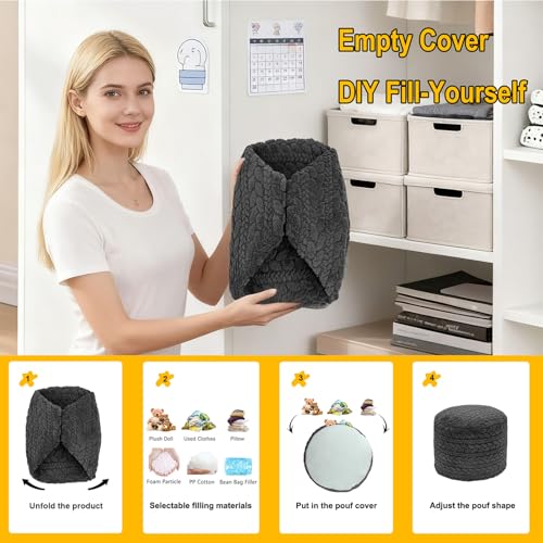 Poofieotto Unstuffed Ottoman Pouf Cover – Round Faux Fur Footstool Plush Floor Pouf (No Filler Included) Perfect for Living Room, Bedroom, or Office Lounge (Gray, 26x26x18 in) - color: Grey, size: 26"D x 26"W x 18"H