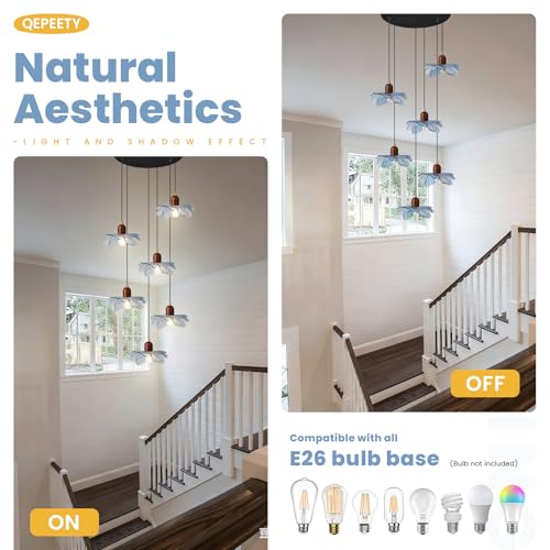 6-Light Blue Glass Flower Chandelier, Adjustable Height Staircase Pendant Light, Modern Mid Century Floral Hanging Ceiling Fixture for Living Room Dining Room Foyer Entryway - color: Blue, 6 Lights