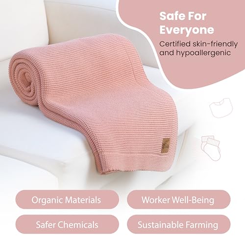 Dalisa 100% Organic Turkish Cotton Throw Blanket Harbor Mist– GOTS Certified, Cozy, with Reusable Cotton Gift Bag – Perfect for Couch, Bed, and Home Decor – Boho Vintage Knit Alina (Pink, 80x90) - color: Pink, size: 80x90