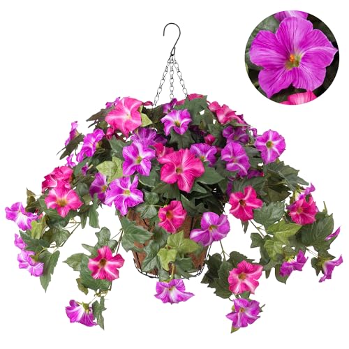 Ammyoo Artificial Hanging Fake Flowers with Basket Plants for Outdoor Decoration, Faux Silk Flower UV Resistant Morning Glory for Home Porch Patio Garden Balcony Yard Look Real (Fuchsia Lotus) - color: Fuchsia Lotus Basket, size: 3 Pcs with Basket
