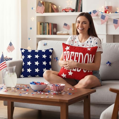Fourluoo 4 Pcs 4th of July Throw Pillow Covers 18x18 Inch Patriotic Soft Plush Faux Fur Jacquard Cushion Pillow Case Freedom America Red White and Blue Pillowcase for Cushion Case Sofa Couch Decor - style: Patriotic