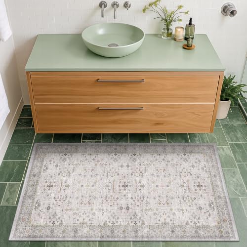 Washable 2x3 Throw Rugs for Entryway, Front Door Mat, Low Pile Non-Slip Small Area Rugs for Kitchen, Bathroom, Powder Room, Mudroom, Neutral Light Grey with Floral Accent - color: Light Gray, size: 2' x 3' (Rectangular)