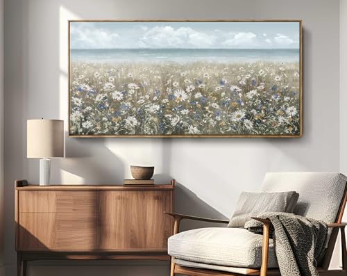 amatop Large Wall Art for Living Room Framed Boho Beach Coastal Floral Ocean Wall Picture Farmhouse Daisy Flower Sea Canvas Print Nautical Neutral Vintage Warm Artwork Home Bedroom Office Decor 48x24 - color: Coastal Flower Sea Art, size: 48"L x 24"W