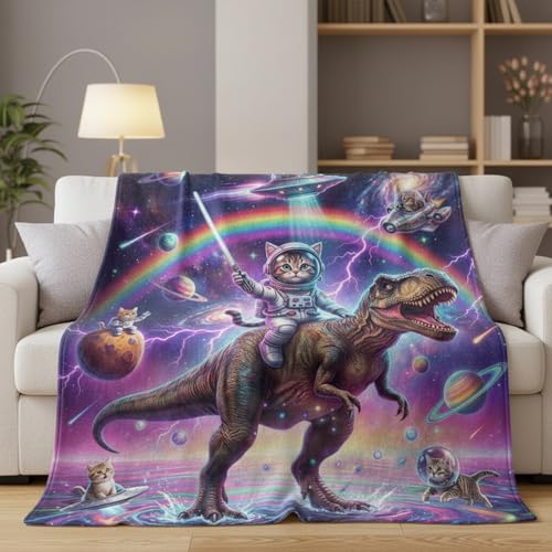 Neasow Funny Astronaut Cat Dinosaur Throw Blanket, Galaxy Space Rainbow Flannel Colorful Fun Blanket, Super Soft for Couch Dorm Sofa Room, Gifts for Kids Teens Boys, Purple 50×60 inch - color: Astronaut Cat Dinosaur, size: 60"L x 50"W
