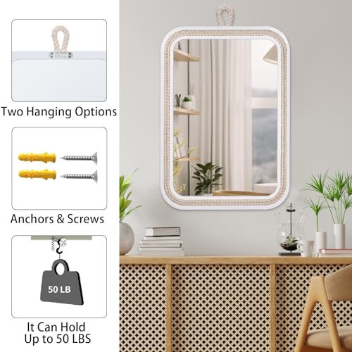 Nautical Rope Mirror Rectangle Wooden 22''Lx16''W White Decorative Mirror Farmhouse Hanging for Bathroom,Livingroom,Entryway-Beachy Coastal Wall Mirror Decor - size: 22"L x 16"W