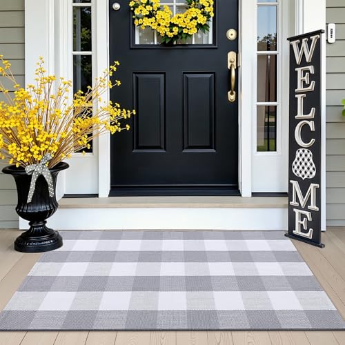OLANLY Buffalo Plaid Rug 2'4" x 3'7" (27.5" x 43") – Grey and White Cotton Checkered Doormat, Washable Indoor Outdoor Rug for Layered Front Porch, Kitchen, Entryway Decor - color: Grey White Buffalo Check, size: 2'4" X 3'7" (Rectangular)