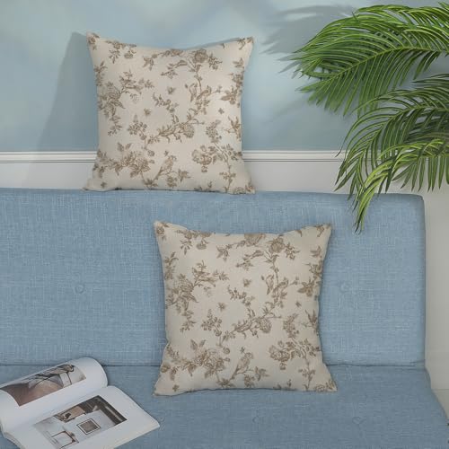 Brown Throw Pillow Covers 18x18 Inch 2 Pcs Chinoiserie Beige Floral Bird Decor Pillow Covers Vintage Toile Flower Seasonal Outdoor Decorative Pillowcase Linen Cushion Cover for Couch Sofa - color: Brown, size: 18" x 18" (Pack of 2)