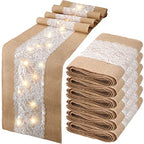 Xinnun 6 Pack Burlap Table Runner with Warm LED Lights,Rustic Lace Wedding Table Decor,Boho Farmhouse Jute Runner for Reception Bridal Shower Party(Classic,12x108 Inches) - size: 12X108 Inches, style: Classic