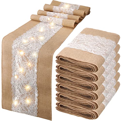 Xinnun 6 Pack Burlap Table Runner with Warm LED Lights,Rustic Lace Wedding Table Decor,Boho Farmhouse Jute Runner for Reception Bridal Shower Party(Classic,12x108 Inches) - size: 12X108 Inches, style: Classic