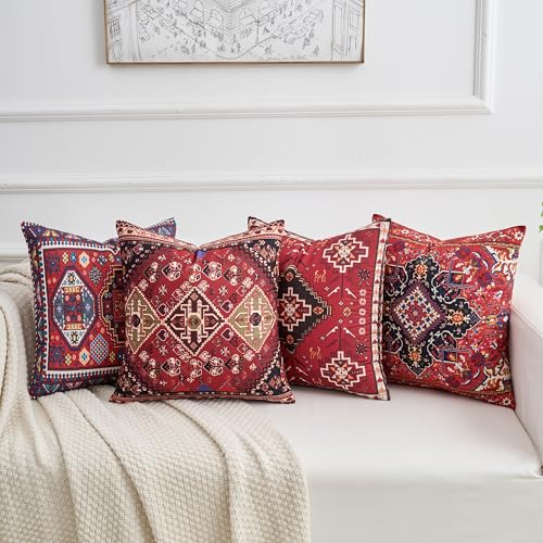 Set of 4 Boho Throw Pillow Covers 18x18 Inch Red Kilim Tribal Decorative Pillow Cases for Couch Bed Living Room Spring Summer Decor - color: Ruby Indigo, size: 18" x 18" (Pack of 4)